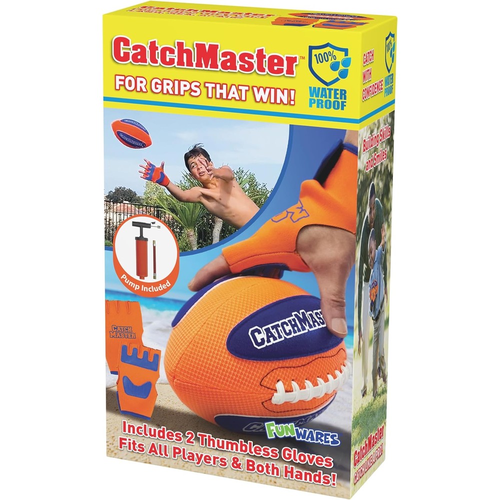 Funwares CatchMaster Water Football Set front view showing the 9-inch waterproof ball and two colorful gloves