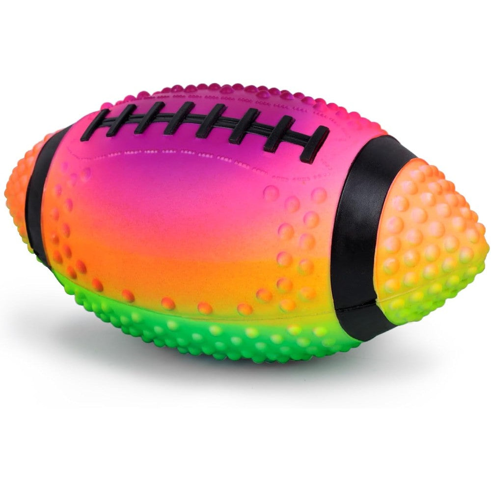 AMOR PRESENT Inflatable Pool Beach Football front view featuring vibrant neon rainbow colors and textured grip spikes.