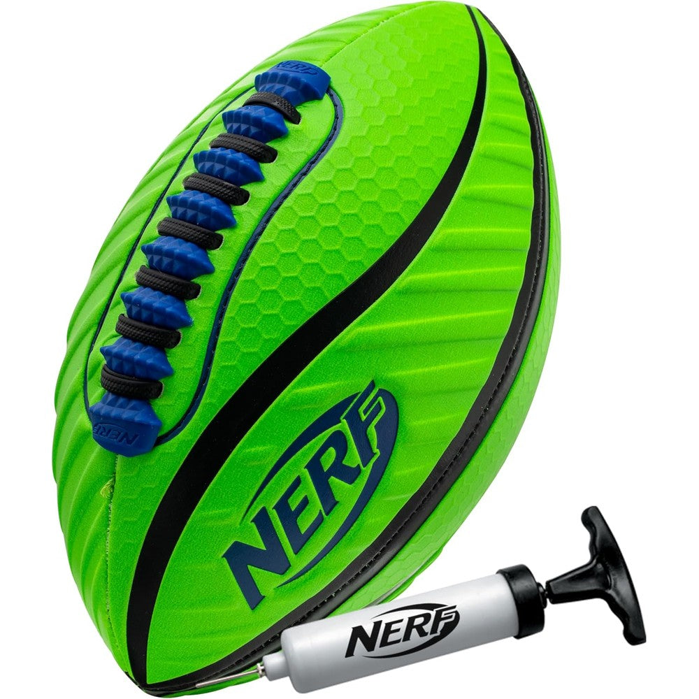 Nerf Spiral Grip Junior Football front view showcasing the green and black design with blue textured laces.