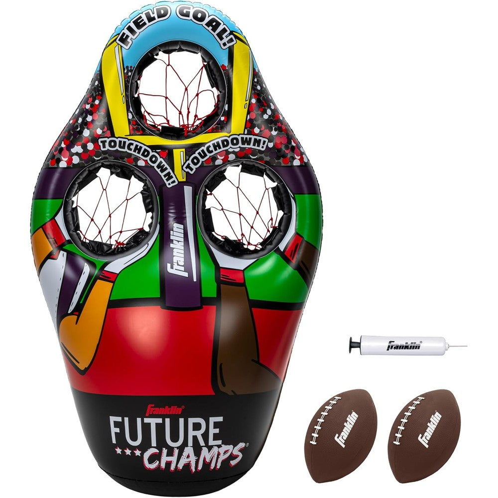 Franklin Sports kids football target toss game front view showing the forty-five inch inflatable target tower with three scoring holes.