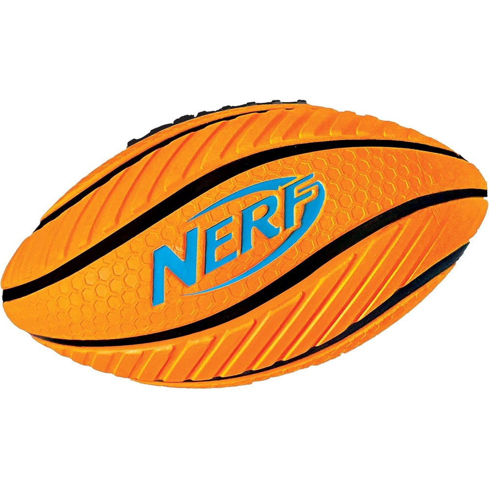 Nerf Spiral Grip Mini Foam Football front view showing bright orange color and black spiral lines