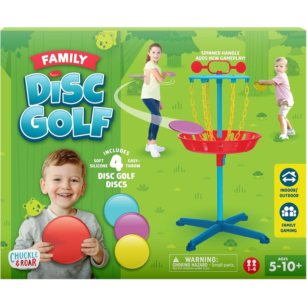 Chuckle And Roar Family Disc Golf set front view with basket and discs