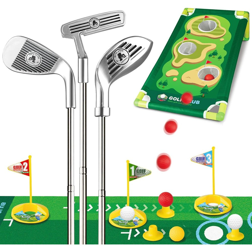 Liberry Kids Golf Set front view with retractable clubs and cornhole board