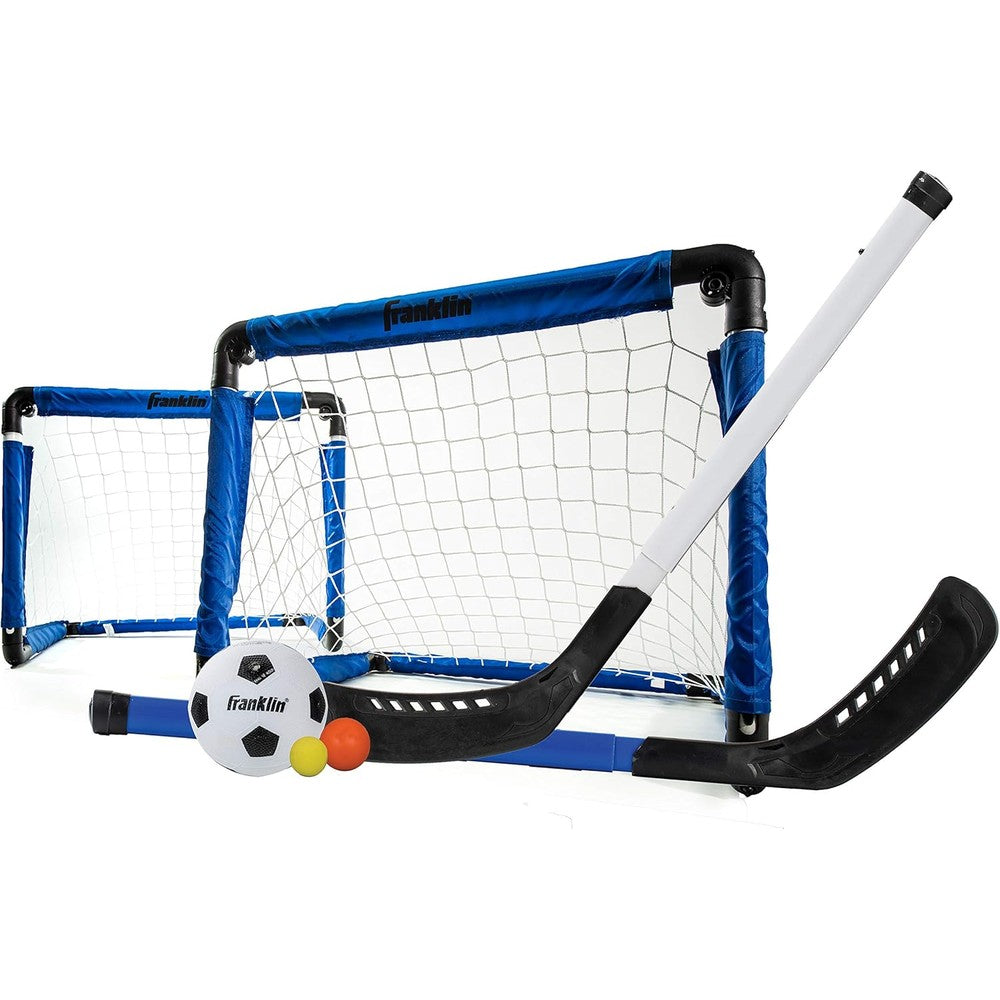 Franklin Sports 3 in 1 Indoor Sports Set front view showing two blue mini goals and hockey sticks