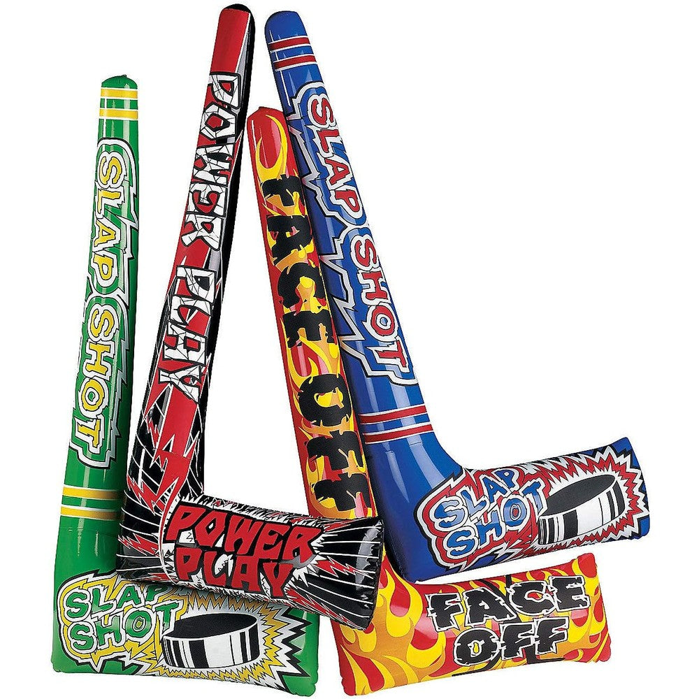 Fun Express inflatable hockey sticks front view bulk set for sports birthday parties