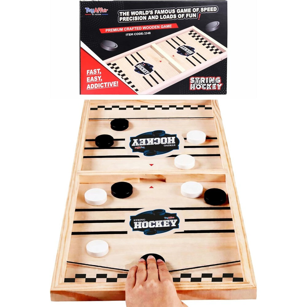 Toyaffair fast sling puck wooden board game front view showing the solid wood frame and elastic bands.