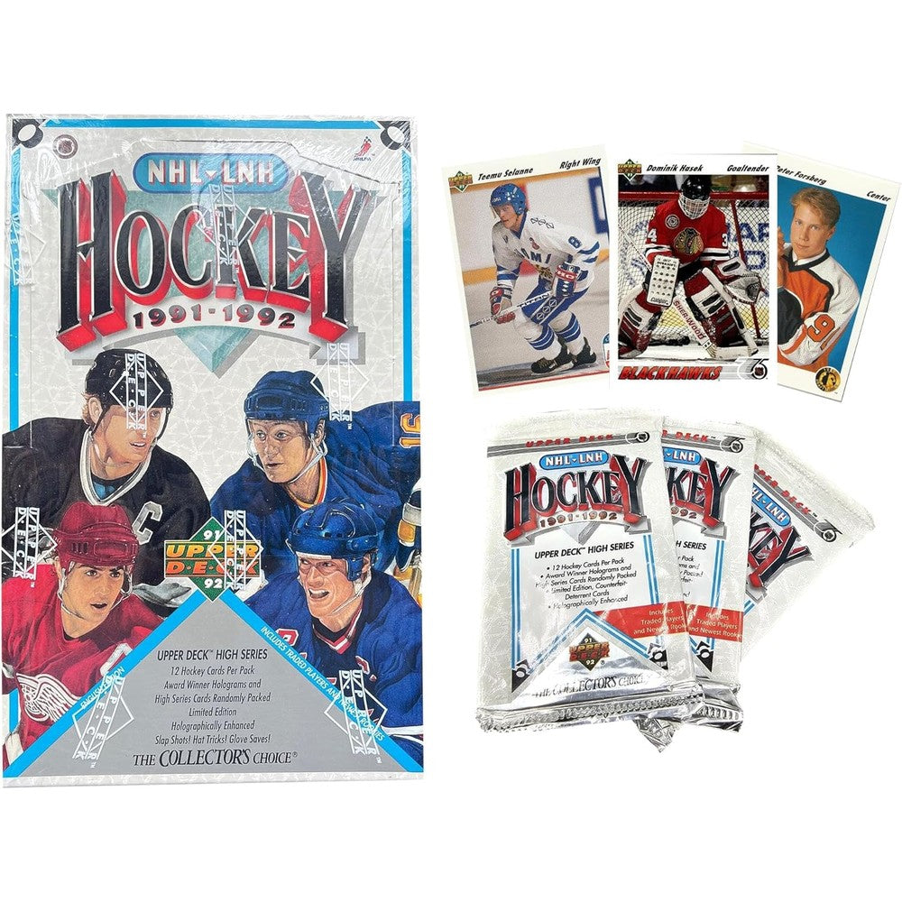 Collector's Choice 1991-92 Upper Deck Hockey Sealed High Box front view showcasing hockey players on the packaging