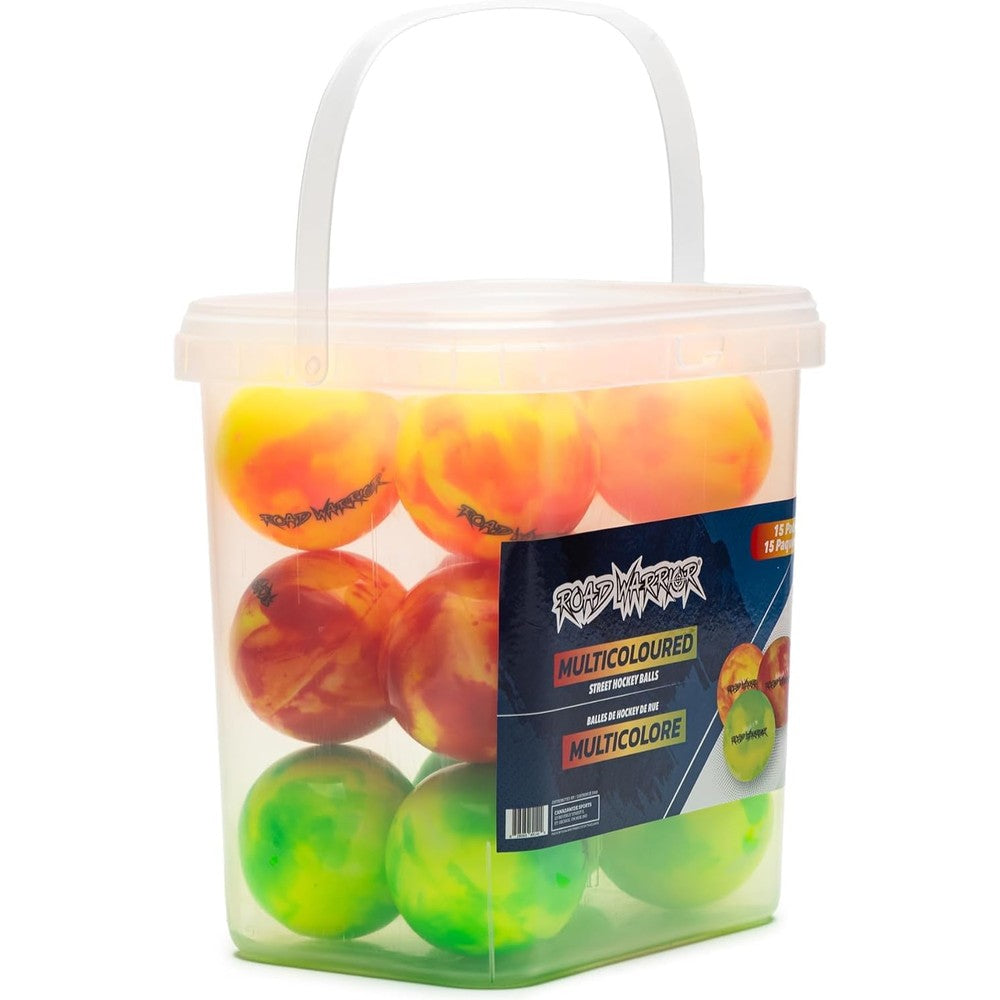 Road Warrior street hockey balls fifteen pack front view in clear reusable storage bucket