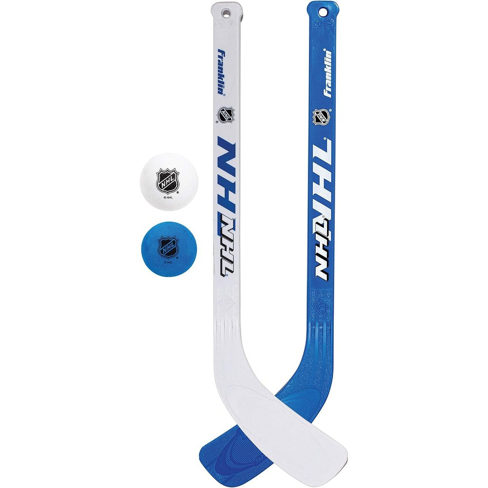 Franklin Sports NHL mini hockey stick and ball set front view showcasing the indoor knee hockey sticks and foam balls.