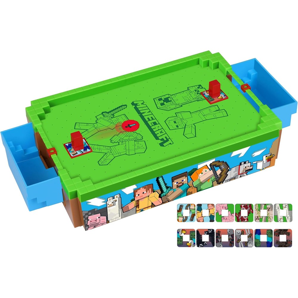 Menkind Minecraft Mini Arcade Air Hockey Overworld front view showing motorized tabletop setup
