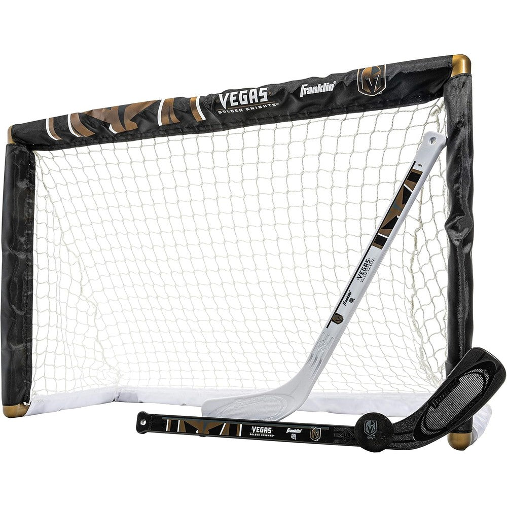 Franklin Sports NHL Vegas Golden Knights mini hockey goal set front view with sticks and ball