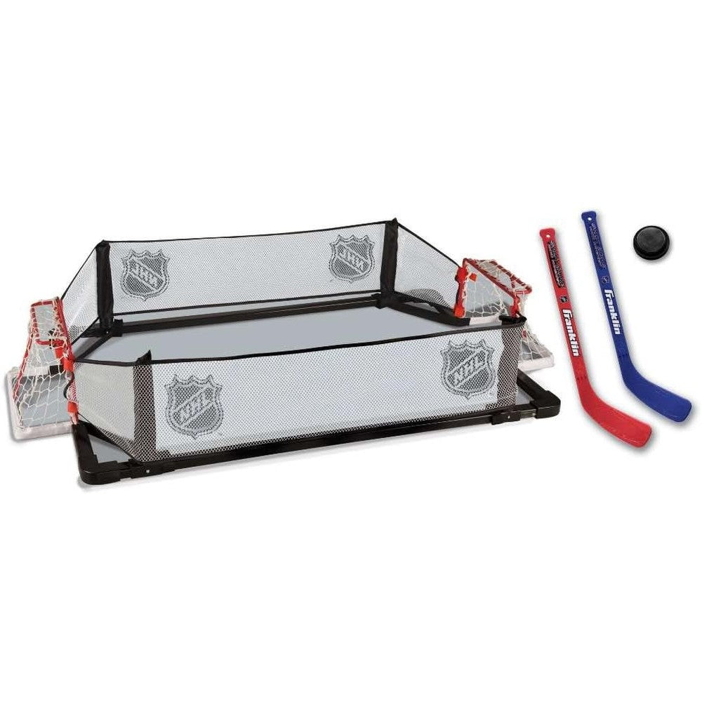Franklin Sports NHL Carpet Hockey front view of assembled mini rink enclosure.