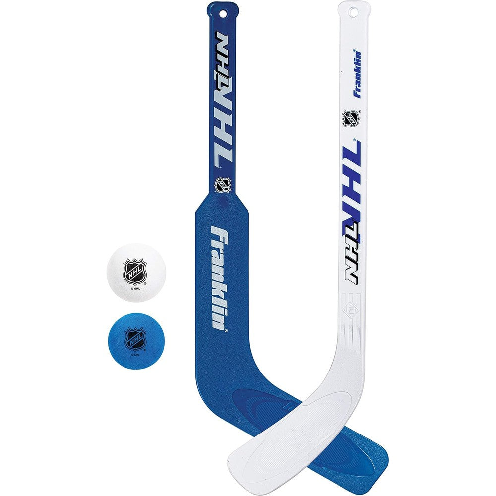 Franklin Sports NHL mini hockey goalie stick and player stick set front view showcasing the pre-curved textured blades.