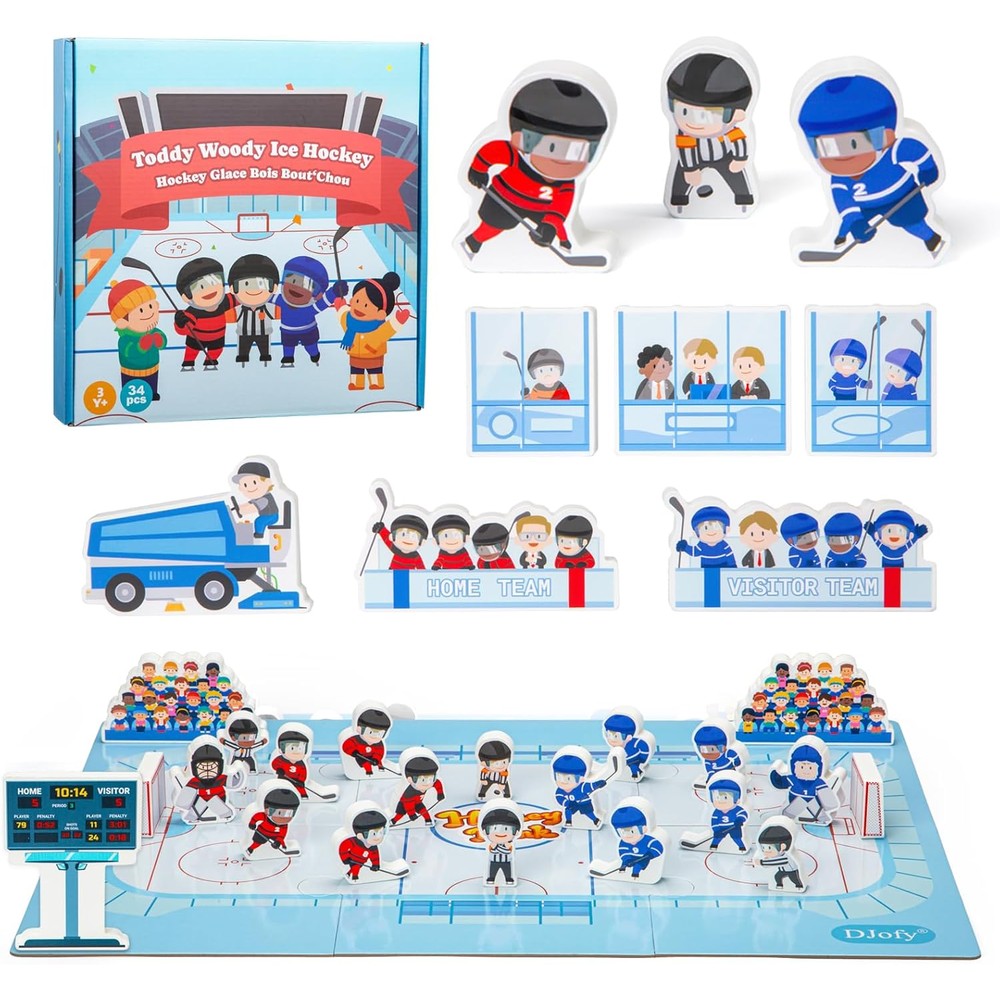 ButToyBroz DJofy 2-in-1 hockey board game and blocks playset front view showing wooden player figures and rink layout.