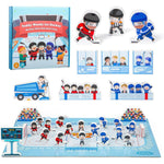 ButToyBroz DJofy 2-in-1 hockey board game and blocks playset front view showing wooden player figures and rink layout.
