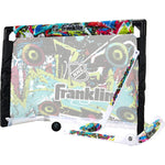 Franklin Sports NHL kids mini hockey set front view showing the graffiti style indoor net.
