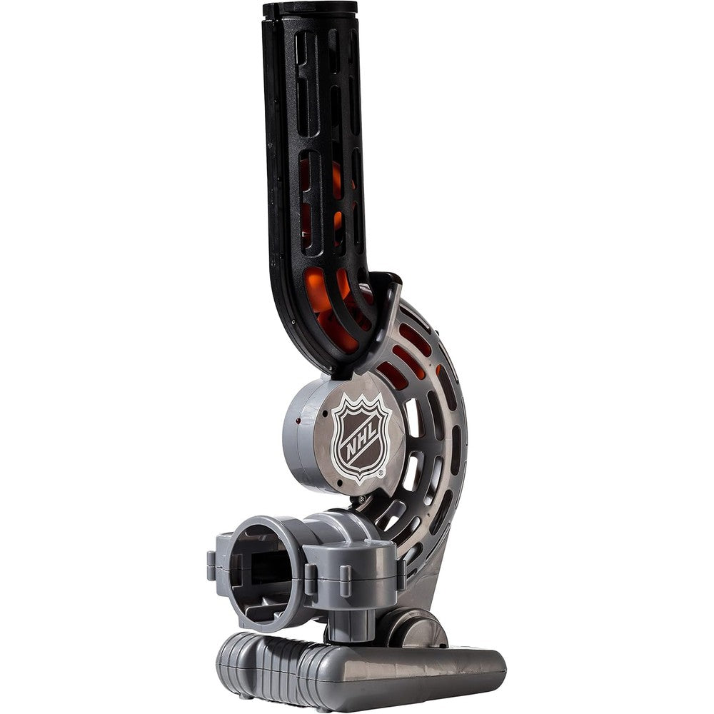 Franklin Sports NHL One Timer Street And Roller Hockey Passer front view showing automatic ball feeder ramp.
