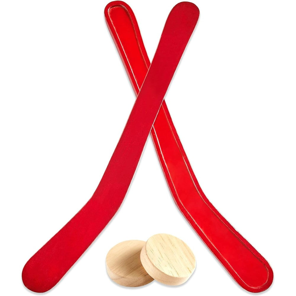 MinFyberd replacement wooden tabletop hockey sticks and pucks set front view showing two red sticks and two wood pucks.