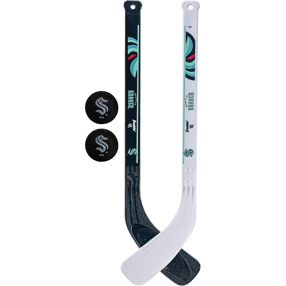 Franklin Sports NHL Seattle Kraken mini hockey stick set front view featuring two durable plastic player sticks and foam balls.