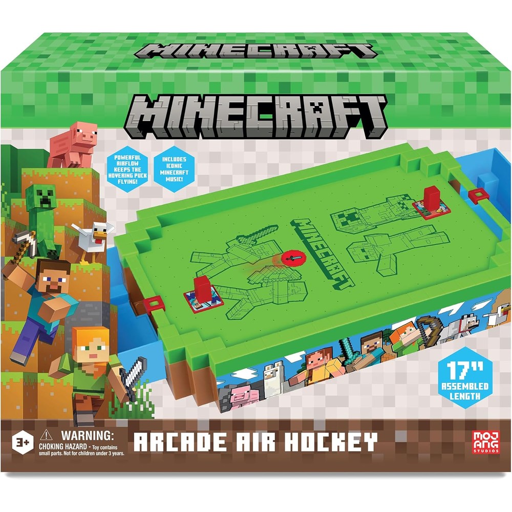Ambassador Minecraft Arcade Air Hockey Overworld Core Series front view showcasing the 17-inch motorized tabletop layout.