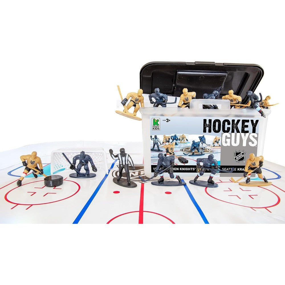 Kaskey Kids NHL Hockey Guys Vegas Golden Knights versus Seattle Kraken playset front view showing the complete toy box packaging.
