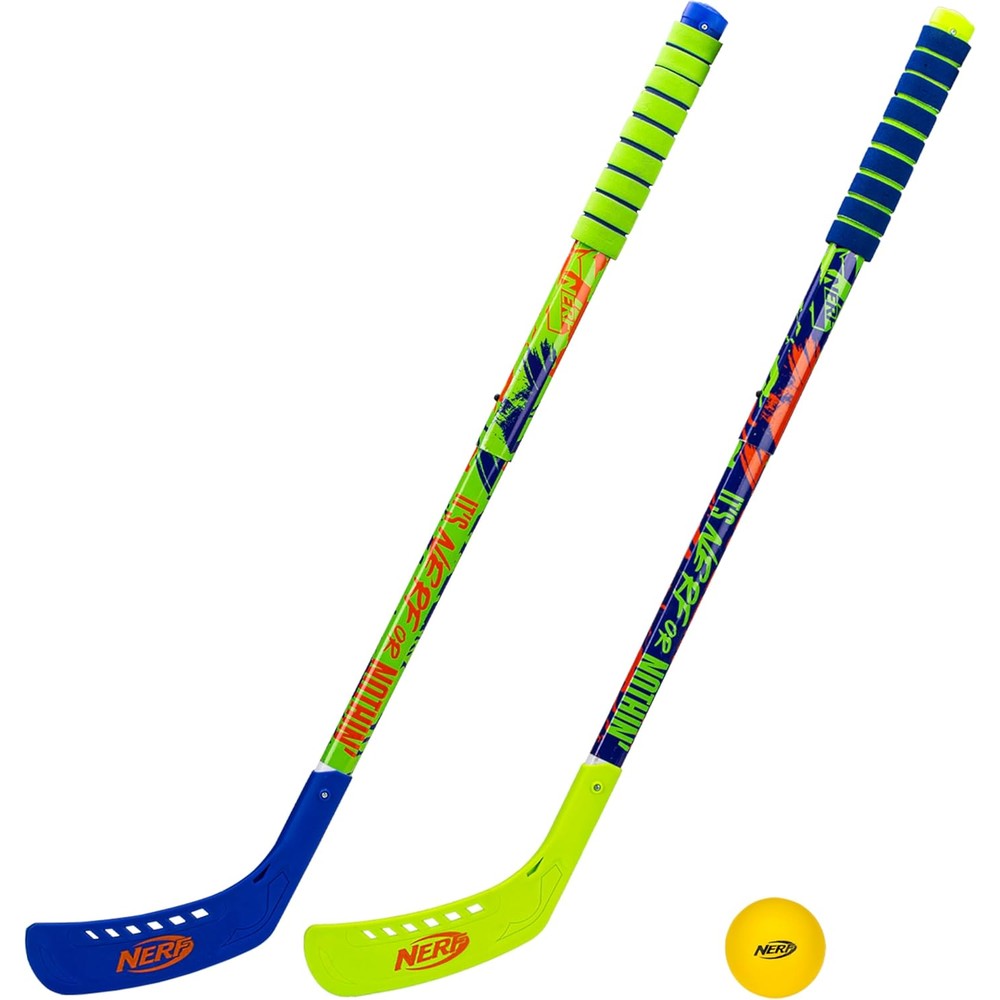 Franklin Sports NERF Proshot Kids Hockey Sticks and Ball Set front packaging view showing two youth sticks and a foam ball.