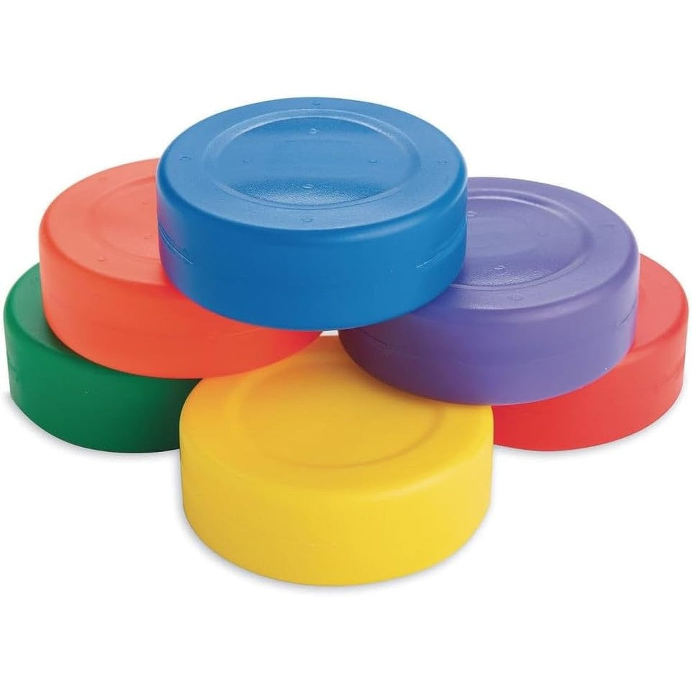 S&S Worldwide Spectrum Floor Hockey Pucks front view set of six colorful training pucks available online.