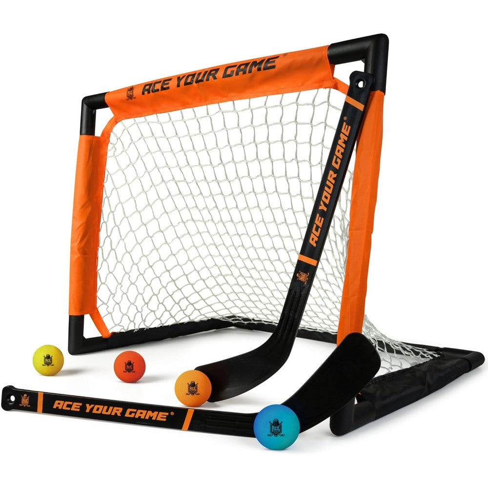 ACE HOCKEY shinny knee hockey set front view showing the orange goal net and mini sticks for indoor kids game.