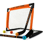 ACE HOCKEY shinny knee hockey set front view showing the orange goal net and mini sticks for indoor kids game.