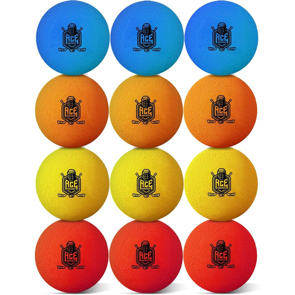 ACE HOCKEY Mini Hockey Balls twelve pack front view showing multi-colored indoor foam balls.