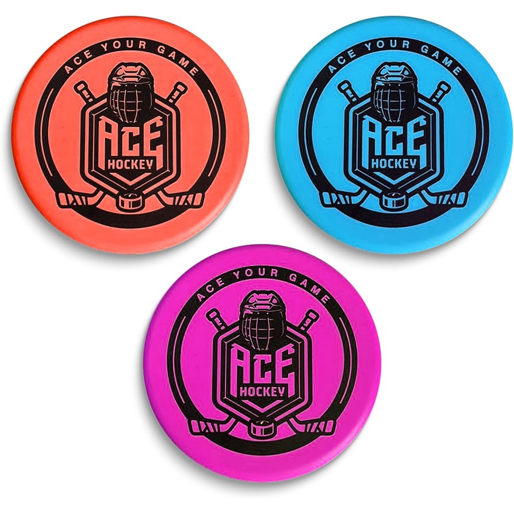 Ace Hockey indoor foam pucks front view showcasing the set of three blue red and purple training pucks.