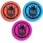 Ace Hockey indoor foam pucks front view showcasing the set of three blue red and purple training pucks.