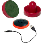 TYRDAN rechargeable floating air hockey pucks and paddles set front view featuring red strikers and USB cable.