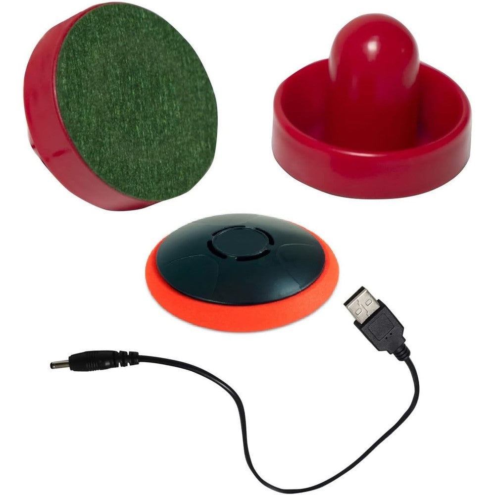 TYRDAN rechargeable floating air hockey pucks and paddles set front view featuring red strikers and USB cable.