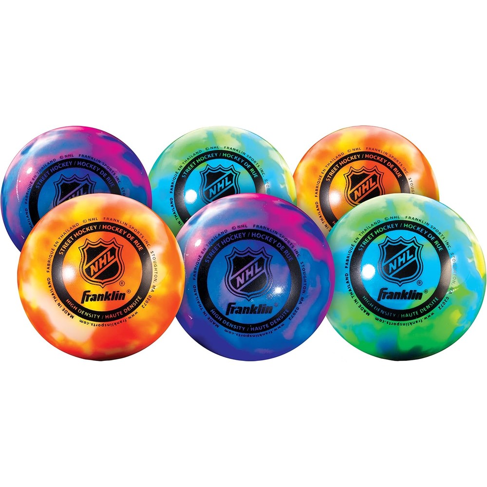 Franklin Sports NHL street hockey balls front view featuring assorted vibrant colors.