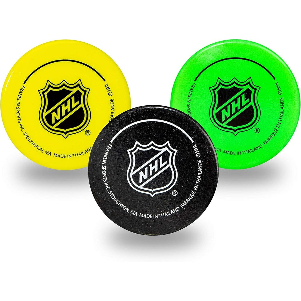Franklin Sports mini foam hockey pucks front view three pack for kids indoor play