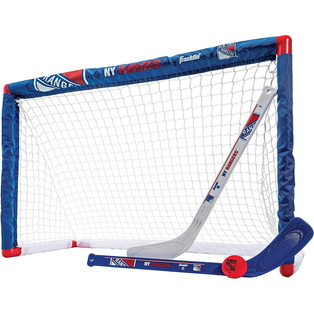 Franklin Sports NHL Mini Hockey Set front view showcasing the indoor knee hockey goal and sticks combo