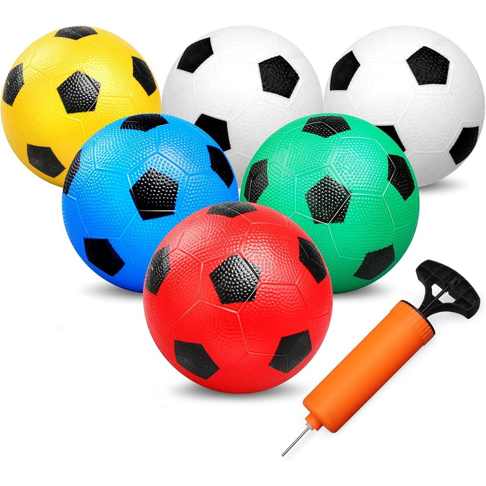 Dilabnba mini colorful soccer balls six pack front view showcasing vibrant panels and included hand pump