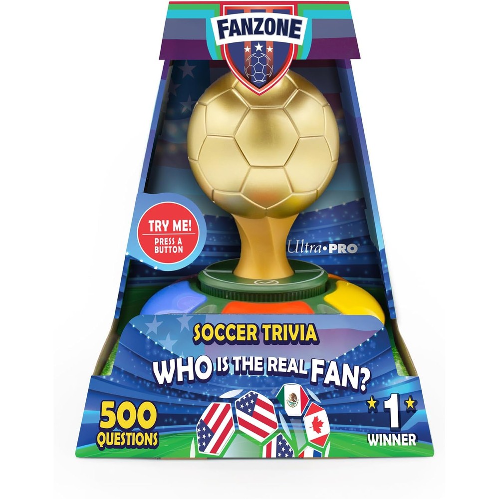 Ultra Pro Fanzone Soccer Trivia Game front view of the electronic gold trophy game master console.