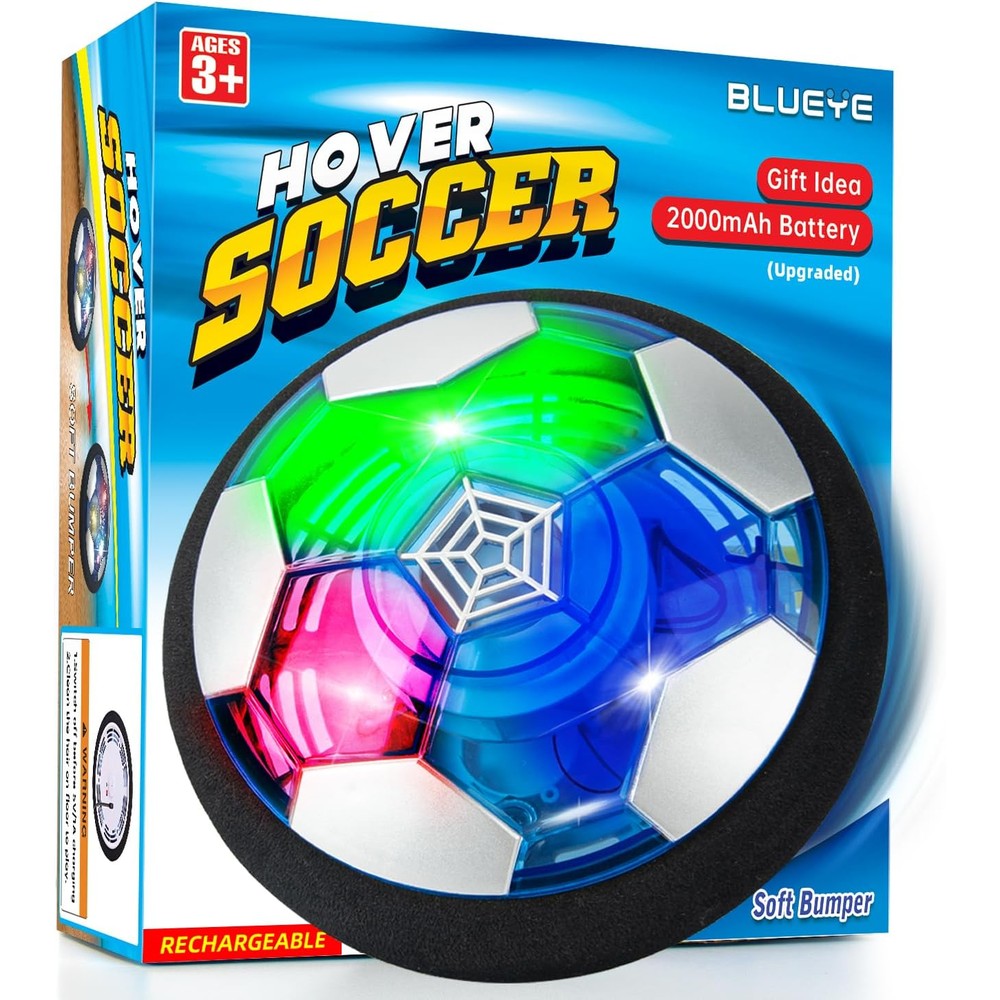 BLUEYE rechargeable hover soccer ball front view floating on hardwood floor.