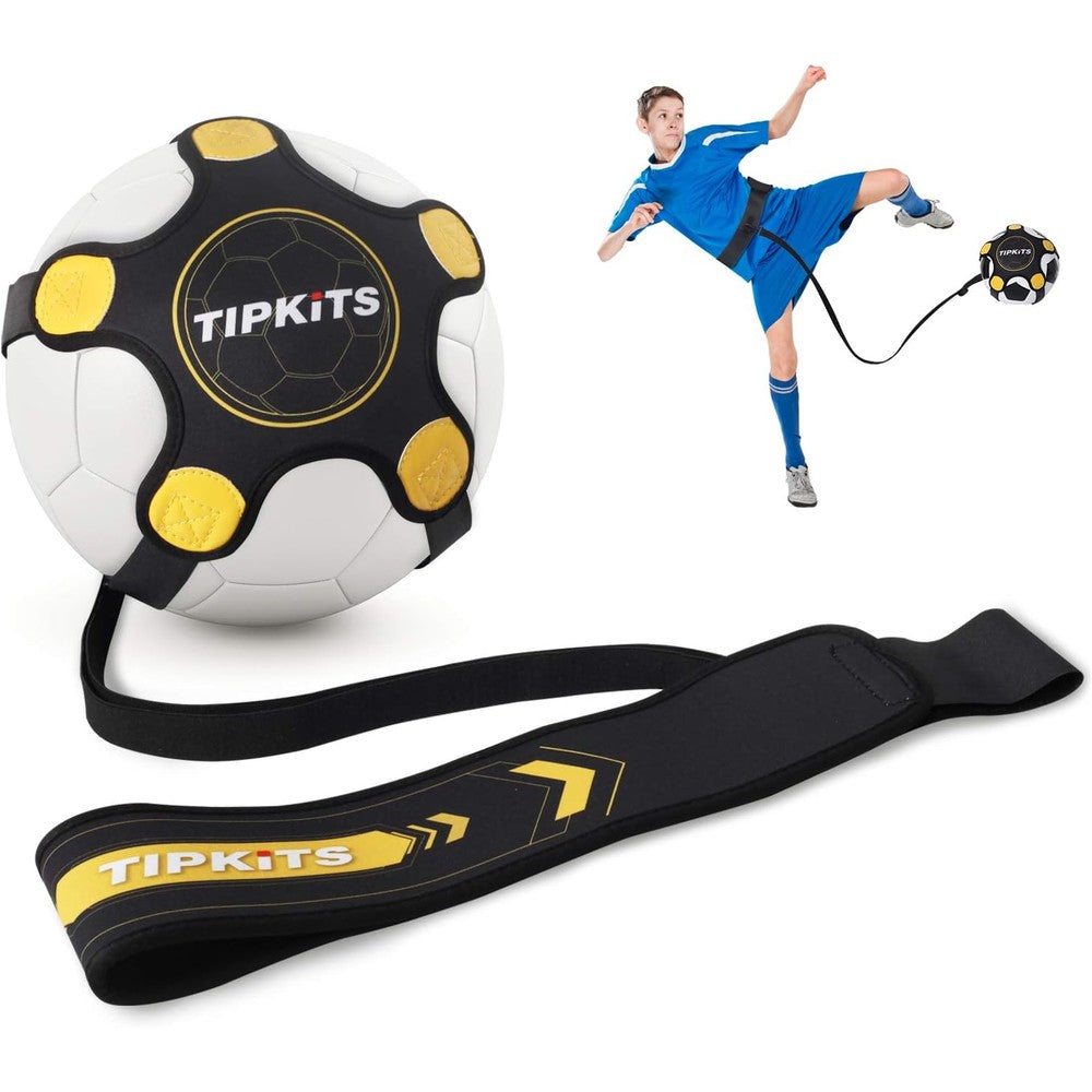 Tipkits solo soccer training equipment belt front view showing leather fixation on ball glove.