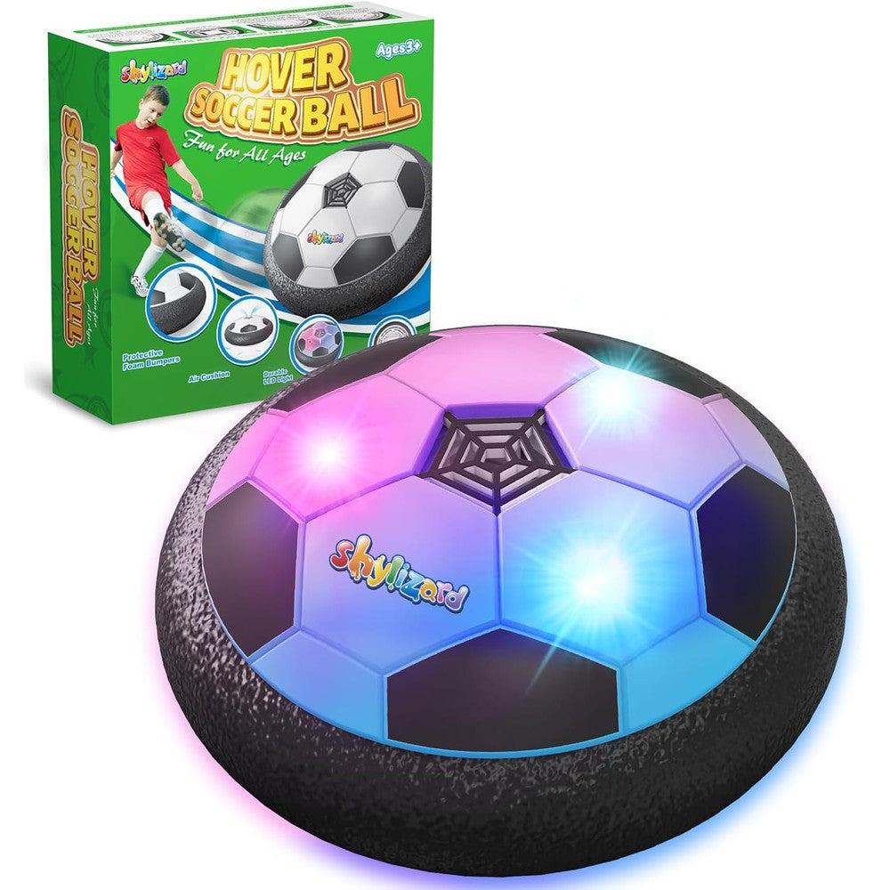 ShyLizard kids hover soccer ball front view showing glowing LED lights on a hardwood floor.