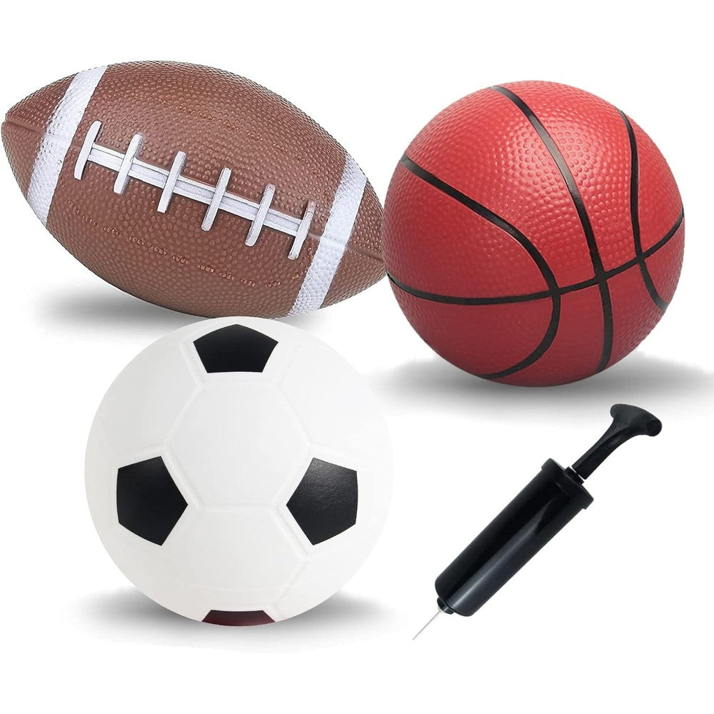 SPDTECH Small Sports Bouncy Balls front view showing mini soccer basketball and football with hand pump