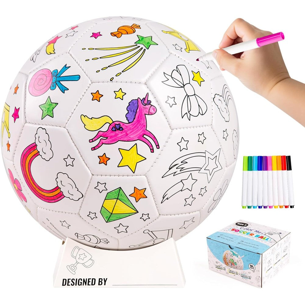 EVERICH TOY Paint Your Own Soccer Ball front view featuring uncolored unicorn illustrations and markers.