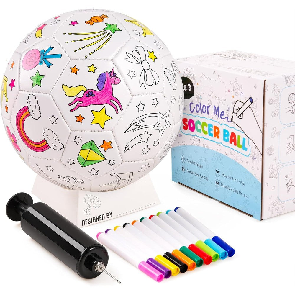ZOOJOY Color Your Own Soccer Ball kit front view showing unicorn outlines