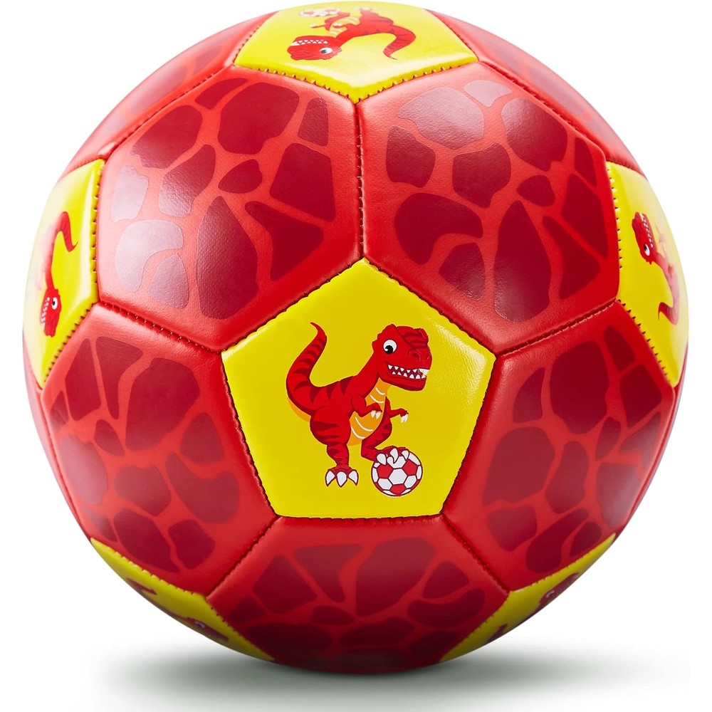 Hahaland size 3 kids dinosaur soccer ball front view showing vibrant red and yellow pattern