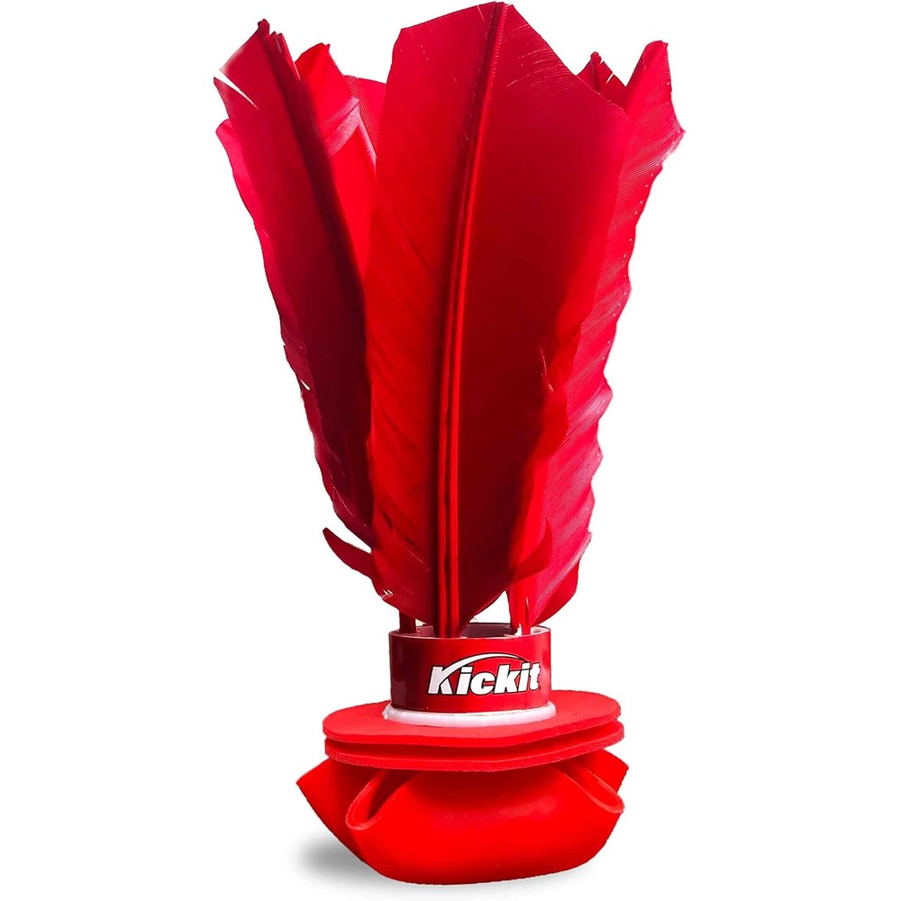 Kickit Original Birdie Soccer Trainer front view showcasing the red rubber kick pad and feathers.
