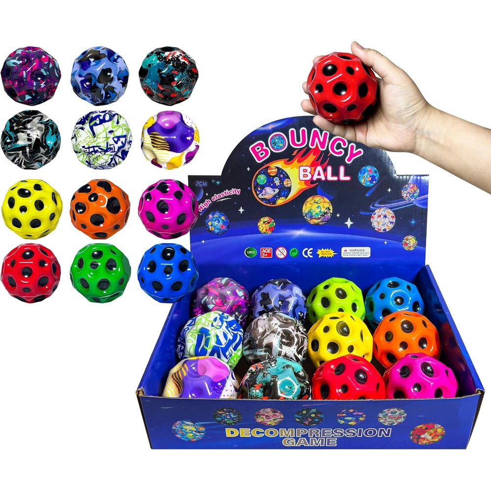 Thwjlkk 12 Pack Moon Bouncy Balls front view of colorful sensory balls
