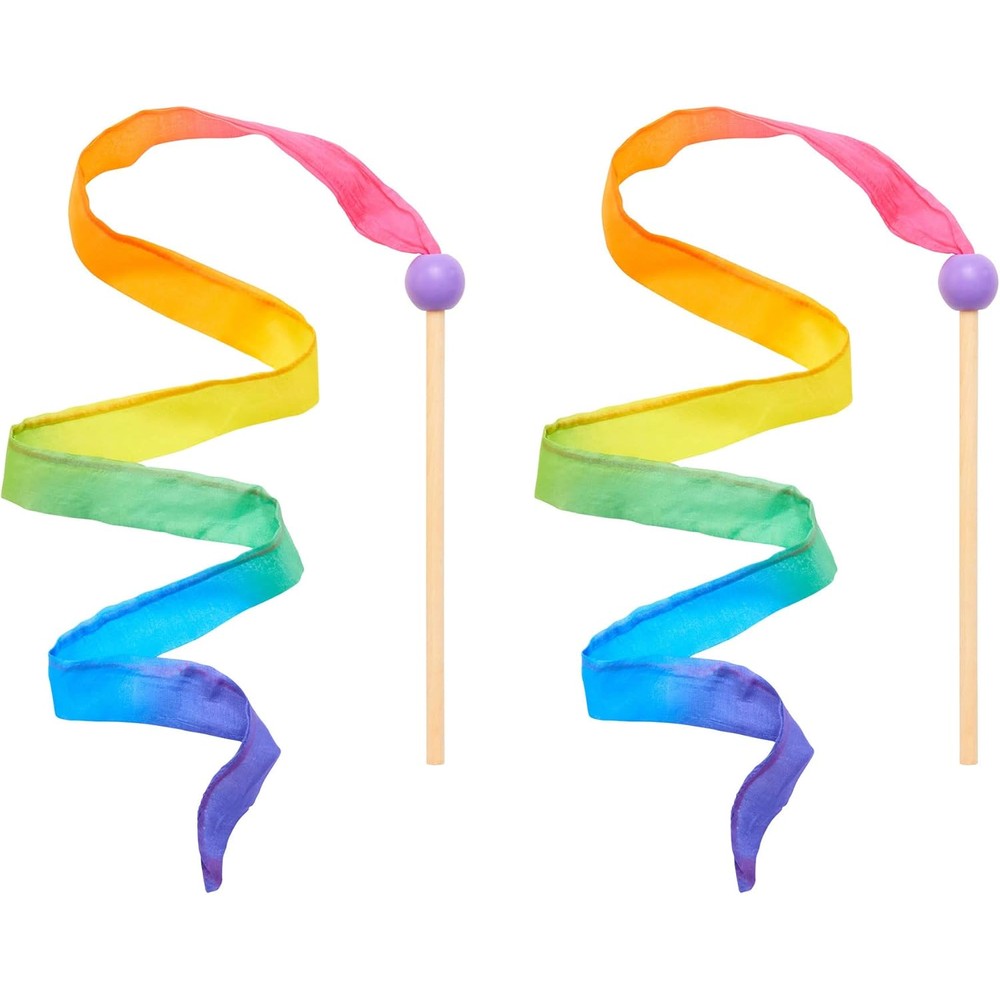 Sarah's Silks Mini Rainbow Streamer wooden wand with vibrant silk ribbon