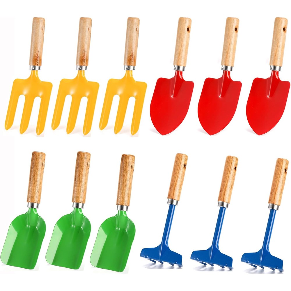 Nicunom kids gardening tools 12 pack front view showcasing colorful metal heads